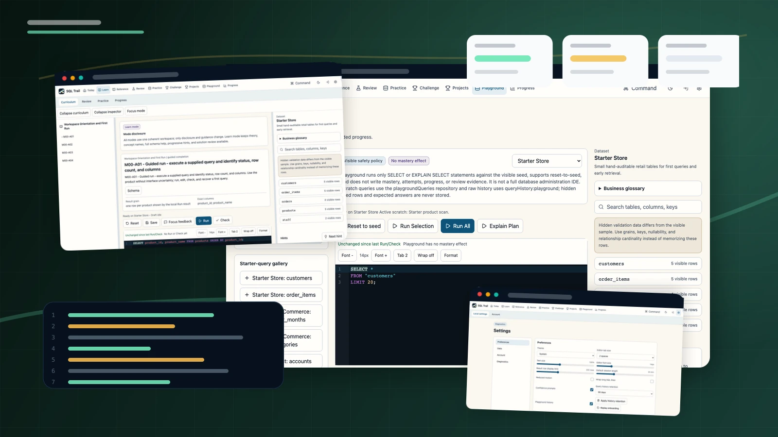 SQL Trail reference workspace with search, playground, and query-stage panels